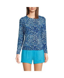 【送料無料】 ランズエンド レディース トップのみ 水着 Women's Crew Neck Long Sleeve Rash Guard UPF 50 Sun Protection Modest Swim Tee Print Navy/turquoise mosaic dot