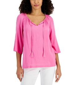 【送料無料】 ジェイエムコレクション レディース シャツ トップス Women's Split-Neck 3/4 Sleeve Tasseled-Tie Top Phlox Pink
