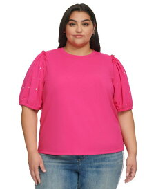 【送料無料】 カール ラガーフェルド レディース シャツ トップス Women's Plus Size Embellished Puff Sleeve Top Fuschia