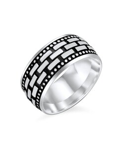 yz uO Y O ANZT[ Classic Men's Jewelry Wide Brick Chain Ring Band For Men Solid Blackened Oxidized .925 Sterling Silver Beaded Edge Handmade In Turkey Grey