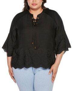 �x���f�B�[�j ���f�B�[�X �g�b�v�X �V���c �v���X�T�C�Y �h�J Belldini Black Label Plus Size Raglan 3/4-Sleeve Embroidered Top Black �u���b�N
