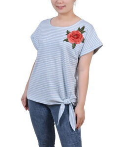 �j���[���[�N�R���N�V���� ���f�B�[�X �g�b�v�X �V���c �h�J NY Collection Women's Short Sleeve Embroidered Tie Front Top Blue White Stripe �z���C�g