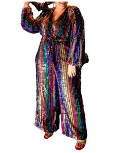 GNC fB[X gbvX WvX[c vXTCY XpR[ ELOQUII Plus Size Multicolor Stripe Sequin Jumpsuit Multicolor }`J[