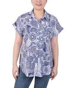�j���[���[�N�R���N�V���� ���f�B�[�X �g�b�v�X �V���c �u���E�X NY Collection Women's Short Rolled Sleeve Button Front Blouse Blue Festtribal �u���[