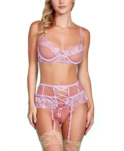 �z�[�e�B ���f�B�[�X �A���_�[�E�F�A �i�C�g�E�F�A �X�J�[�g �_�E�� ���[�X Hauty Women's 3 PC Lingerie Set Patterned in Lace Trimmed Garter Skirt and Bra with Pink Lace down Ribbon Pink �s���N