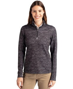 yz Jb^[AhobN fB[X WPbgEu] AE^[ Women's Cutter Buck Traverse Camo Print Stretch Quarter Zip Pullover Jacket Black