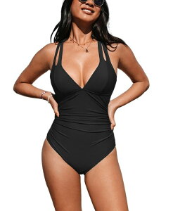 yz JbvV[ fB[X ㉺Zbg  Women's Release Happiness Ruched Cross Back One Piece Swimsuit Black