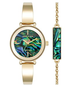 ANC fB[X ANZT[ rv Anne Klein Women's Quartz Round Abalone Gemstone Gold-Tone Alloy Metal Bangle Watch Set 30mm Blue/Green/Gold-Tone u[