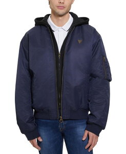 QX Y AE^[ WPbgEu] WPbg GUESS Men's John Bomber Jacket with Removable Hooded Inset Navy Sea Multi lCr[