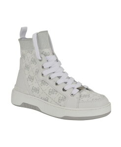 QX fB[X V[Y Xj[J[ [X jbg GUESS Women's Mannen Knit Lace Up Hi Top Fashion Sneakers White/Silver Logo zCg