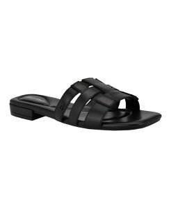 �J���o���N���C�� ���f�B�[�X �V���[�Y �T���_�� Calvin Klein Women's Slip-On Square Toe Flat Sandals Black Leather �u���b�N