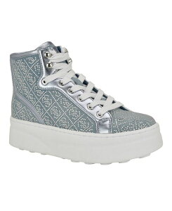 QX fB[X V[Y Xj[J[ GUESS Women's Queenly Rhinestone Embellished High Top Sneakers Blue Denim Rhinestone fj