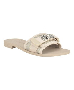 QX fB[X V[Y T_ GUESS Women's Elyze Quattro Single Band Flat Slide On Sandals Light Natural Silver Vo[