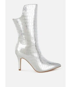 �����h�����O ���f�B�[�X �V���[�Y �u�[�c�E���C���u�[�c �q�[�� London Rag Kultrus Croco Stiletto Heel Mid-Calf Boots Silver �V���o�[