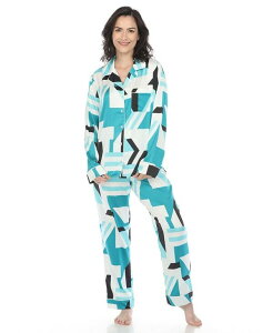 �z���C�g�}�[�N ���f�B�[�X �A���_�[�E�F�A �i�C�g�E�F�A �v�����g �T�e�� White Mark Women's Printed Satin Pajama Set Teal �e�B�[��