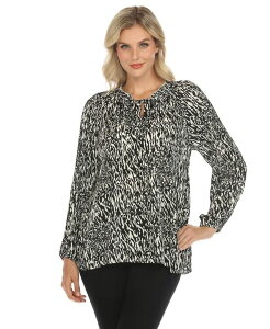 �z���C�g�}�[�N ���f�B�[�X �g�b�v�X �V���c �v�����g �u���E�X White Mark Women's Printed Peasant Blouse Black White �z���C�g