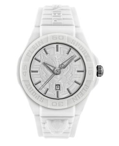 vC X|[c Y ANZT[ rv Plein Sport Men's New Fearless 3 Hand Date Quartz White Silicone Strap 46mm White zCg
