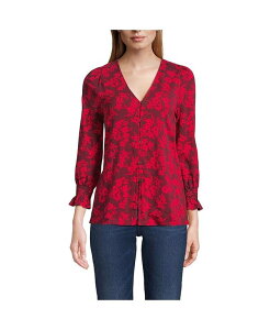 YGh fB[X gbvX Vc W[W[ Lands' End Women's 3/4 Sleeve Lightweight Jersey Button Front Top Heritage red painted flower bh