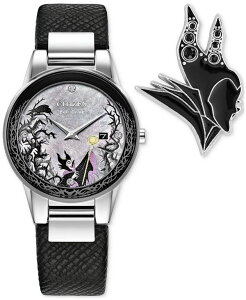 yz V`Y fB[X rv ANZT[ Eco-Drive Women's Disney Villains Maleficent's Charm Black Leather Strap Watch 30mm Boxed Set Black