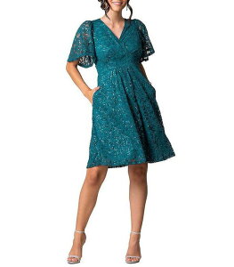 �L���i ���f�B�[�X �g�b�v�X �����s�[�X V�l�b�N �X�p���R�[�� ���[�X Kiyonna Women's Starry Sequin Lace V-Neck Cocktail Dress with Pockets Teal topaz �e�B�[��
