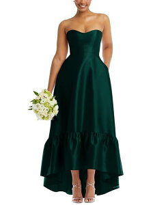 yz Atbh fB[X s[X gbvX Plus Size Strapless Deep Ruffle Hem Satin High Low Dress with Pockets Evergreen