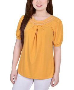 �j���[���[�N�R���N�V���� ���f�B�[�X �g�b�v�X �V���c �v�` ���b�V�� NY Collection Petite Short Puff Sleeve Mesh Inset Top Golden Glow