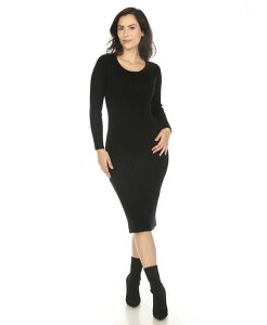 �z���C�g�}�[�N ���f�B�[�X �g�b�v�X �����s�[�X �~�f�B �Z�[�^�[ White Mark Women's Long Sleeve Rib Midi Sweater Dress Black �u���b�N