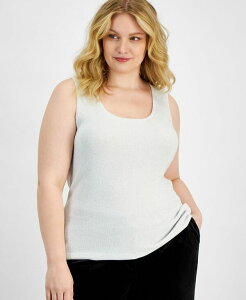 �^�n���G�[�G�X�G�� ���f�B�[�X �g�b�v�X �V���c �v���X�T�C�Y �g�[�� �j�b�g Tahari ASL Plus Size Metallic Rib-Knit Scoop-Neck Tank White �z���C�g