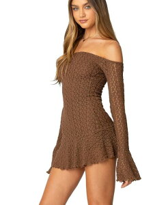 �A�f�B�N�e�b�h ���f�B�[�X �g�b�v�X �����s�[�X �~�j�����s�[�X �~�j Edikted Women's Mya Off Shoulder Textured Mini Dress Brown �u���E��