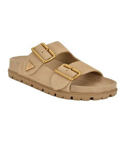 QX fB[X V[Y T_ GUESS Women's Fasten Slip-On Sporty Double Band Footbed Sandals Light Natural Suede