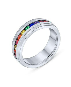 �u�����O �����Y �A�N�Z�T���[ �����O T�V���c Bling Jewelry Mens Stainless Steel Rainbow CZ Eternity Ring LGBTQ Band Comfort Fit Silver tone �V���o�[