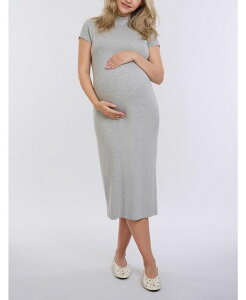 �}�U�[�t�b�h�}�^�j�e�B�[ ���f�B�[�X �g�b�v�X �����s�[�X ���b�N�l�b�N �~�f�B�����s�[�X ���u �~�f�B Women's Mock Neck Short Sleeve Ribbed Maternity Midi Dress - Motherhood Maternity Heather grey �O���[