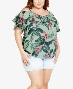 �V�e�B�[�V�b�N ���f�B�[�X �g�b�v�X �V���c �v���X�T�C�Y �v�����g CITY CHIC Plus Size Phoebe Print Top Seafoam Maya Orchid
