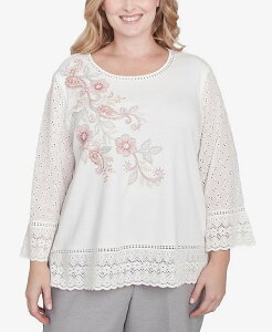 yz Atbh _i[ fB[X Vc gbvX Plus Size Estate of Mind Embroidered Floral Eyelet Trim Top Oyster