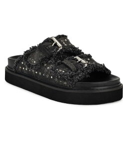 �i�C���E�F�X�g ���f�B�[�X �V���[�Y �T���_�� Nine West Women's Eleny Double Band Embellished Flat Slip-On Sandals Black Denim Fray �u���b�N