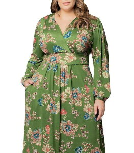 �L���i ���f�B�[�X �g�b�v�X �����s�[�X �~�f�B�����s�[�X �v���X�T�C�Y �~�f�B Kiyonna Women's Plus Size Diana Long Sleeve Midi Dress Olive floral print �I���[�u