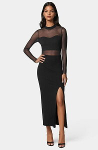 �x�x ���f�B�[�X �g�b�v�X �����s�[�X ���b�N�l�b�N �}�L�V�����s�[�X ���b�V�� �}�L�V Bebe Women's Rib Mock Neck Maxi Dress with Powermesh Black �u���b�N