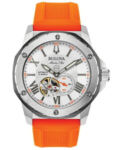 uo Y ANZT[ rv Bulova Men's Automatic Marine Star Orange Silicone Strap Watch 45mm Orange/White zCg