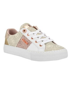 QX fB[X V[Y Xj[J[ [X GUESS Women's Loven Lace-Up Sneakers Natural/Gold Metallic Logo S[h
