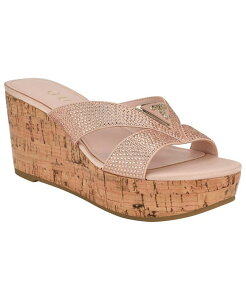 QX fB[X V[Y Xj[J[ vbgtH[ T_ GUESS Women's Lonaa Rhinestone Cork Platform Wedge Sandals Dusty Pink Satin sN