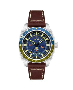 �A���B�G�C�g �����Y �A�N�Z�T���[ �r���v ���U�[ AVI-8 Men's Hawker Hunter Atlas GMT Automatic Brown Leather Strap Watch 44mm Blue �u���[