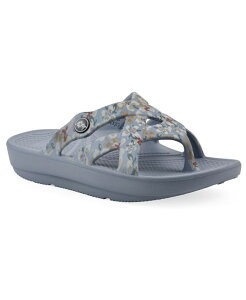 �z���C�g�}�E���e�� ���f�B�[�X �V���[�Y �T���_�� White Mountain Women's Rip Round Toe Flat Sandals Light Blue Floral Print �u���[