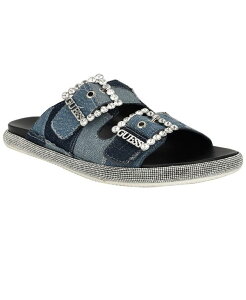 yz QX fB[X T_ V[Y Women's Funzya Embellished Double Band Footbed Sandals Blue Denim Patchwork
