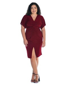 24 �Z�u���R���t�H�[�g ���f�B�[�X �g�b�v�X �����s�[�X V�l�b�N �v���X�T�C�Y 24seven Comfort Apparel Plus Size Short Sleeve V-Neck Twist Front Split Hem Dress Wine ���C��
