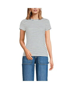 �����Y�G���h ���f�B�[�X �g�b�v�X �V���c �~�j T�V���c Lands' End Women's Drapey Rib Fitted Short Sleeve Mini T-Shirt Ivory/deep sea navy stripe �A�C�{���[