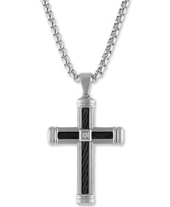 yz GXN@CA fB[X lbNXE`[J[Ey_ggbv ANZT[ Diamond Accent Cross 22" Pendant Necklace in Stainless Steel & Black Ion-Plate Created for Macy's Stainless Steel