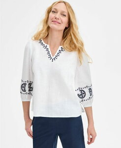 `[^[Nu fB[X gbvX Vc v` hJ l Charter Club Petite Linen Eyelet-Embroidered 3/4-Sleeve Top Bright White zCg