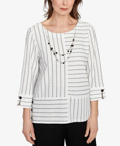 �A���t���b�h �_�i�[ ���f�B�[�X �g�b�v�X �V���c �N���[�l�b�N �v�` ���[�X Alfred Dunner Petite Santa Barbara Splice Textured Stripe Crew Neck Top with Necklace Black/White �z���C�g