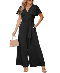 yz JbvV[ fB[X WvX[c gbvX Women's Flutter Sleeve V-Neck Tie-Waist Jumpsuit Created for Macy's Black
