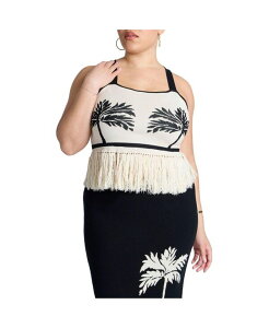 �G���N�C ���f�B�[�X �g�b�v�X �V���c �v���X�T�C�Y �t�����W ELOQUII Plus Size Fringe Crop Top Black white trio palm �z���C�g